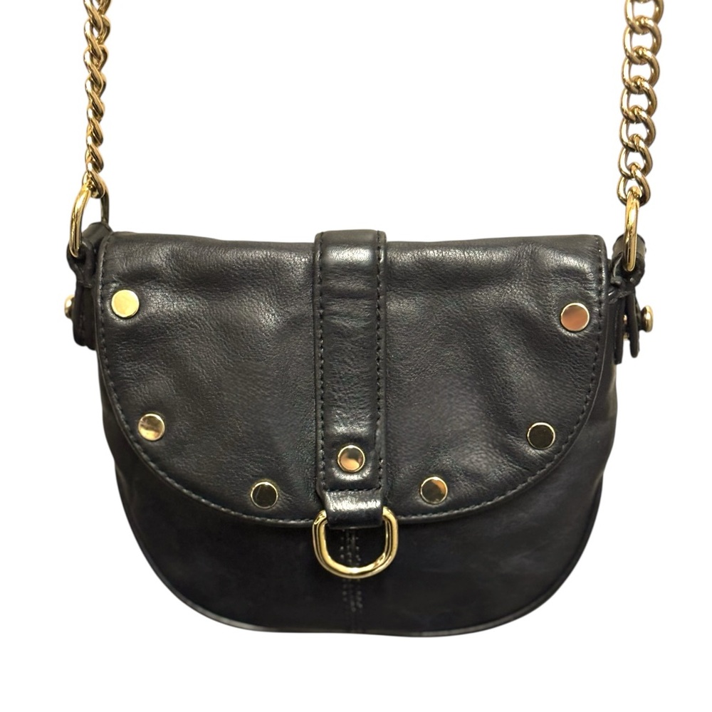 Rebecca Minkoff Black Leather Mini Saddle Studded Crossbody Bag w/Chain Strap